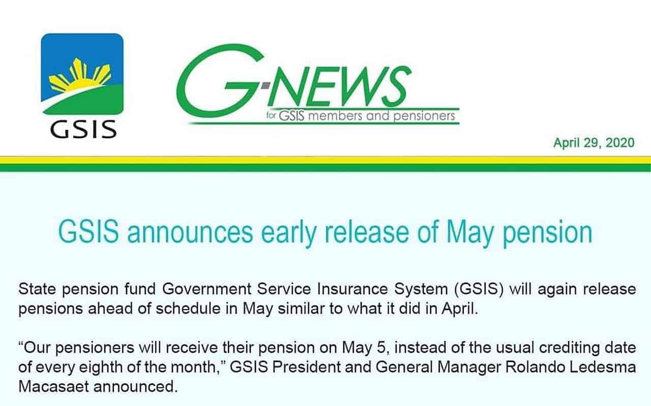 GSIS announces early release of May pension for members