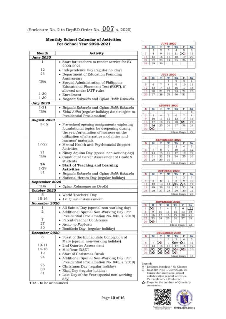 DepEd Monthly School Calendar of Activities for School Year 20202021