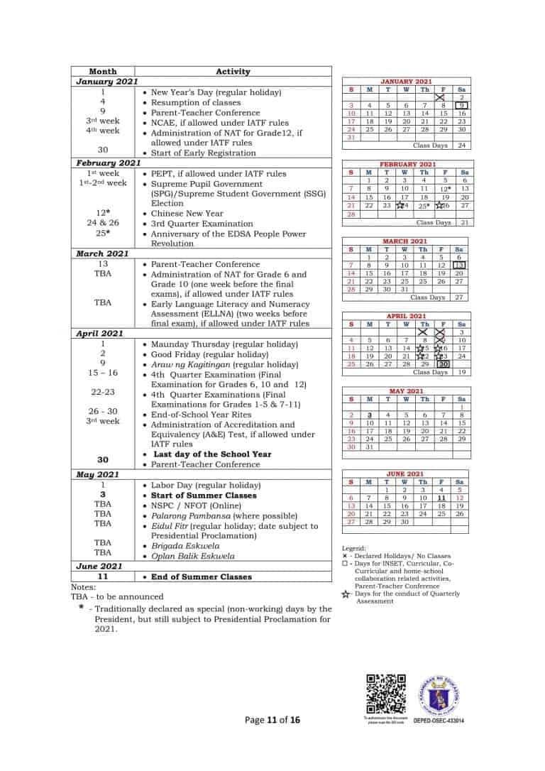 DepEd Monthly School Calendar of Activities for School Year 2020-2021