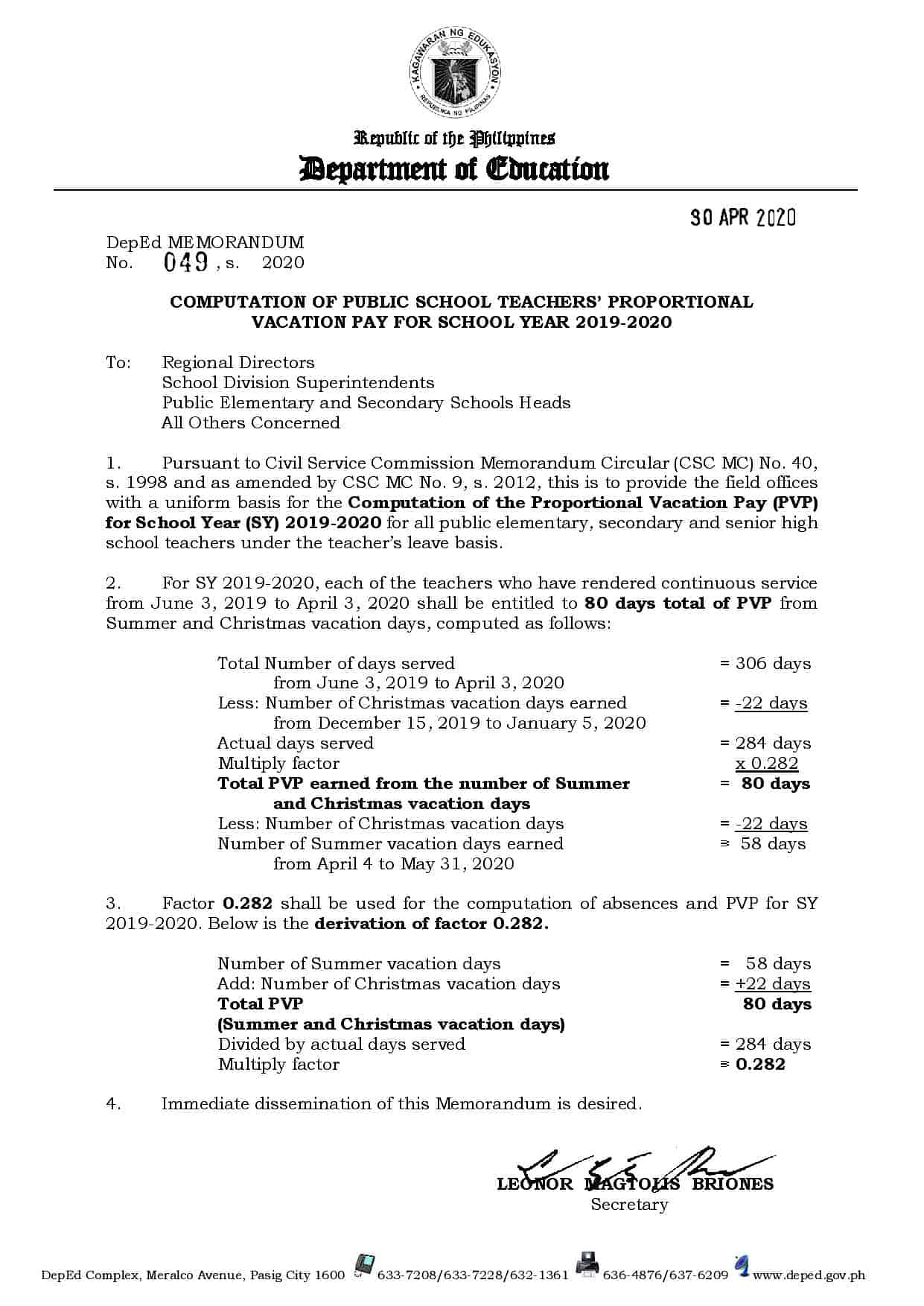 Computation of Public School Teachers’ Proportional Vacation Pay for ...